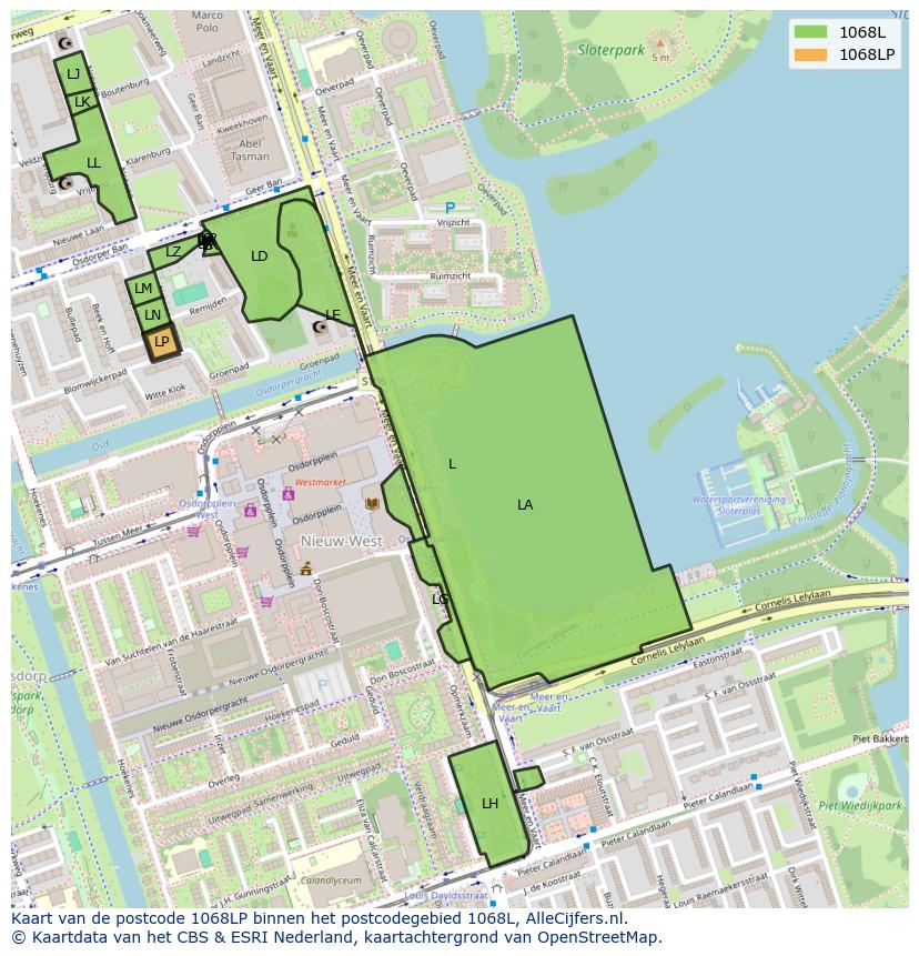 Afbeelding van het postcodegebied 1068 LP op de kaart.