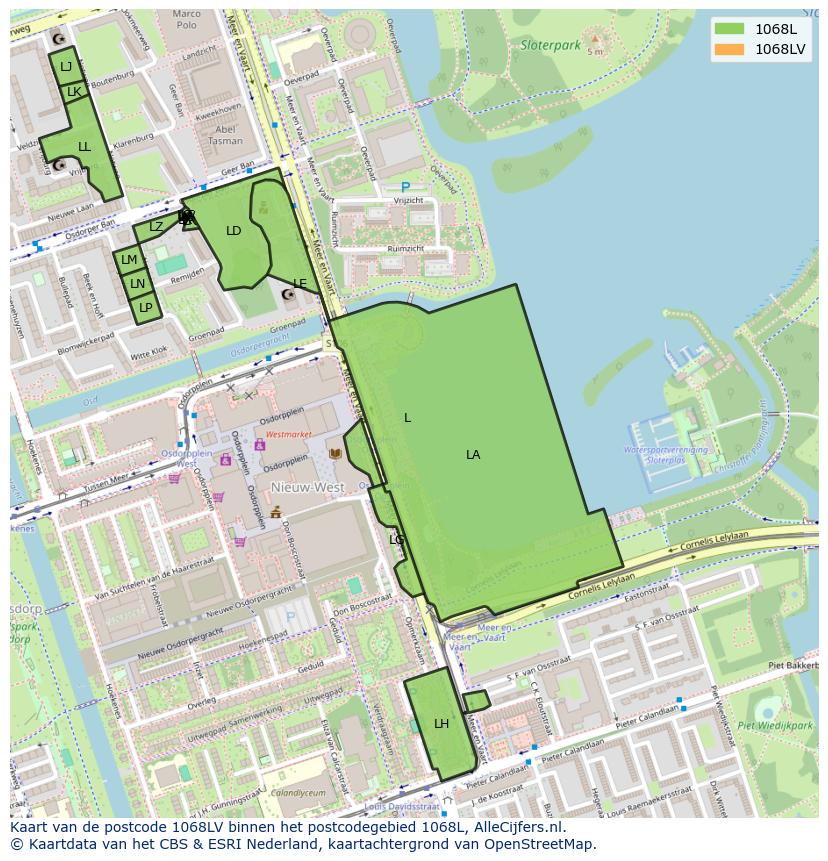 Afbeelding van het postcodegebied 1068 LV op de kaart.