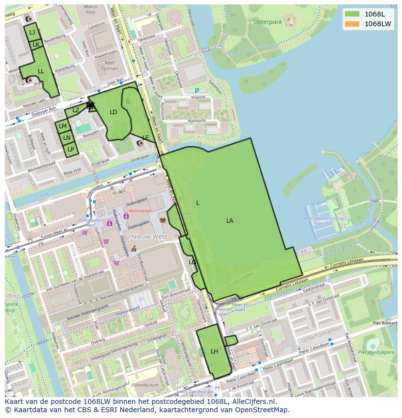 Afbeelding van het postcodegebied 1068 LW op de kaart.
