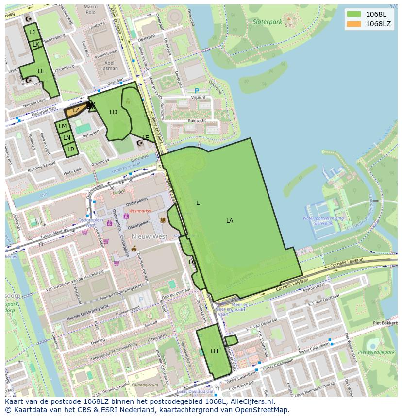 Afbeelding van het postcodegebied 1068 LZ op de kaart.