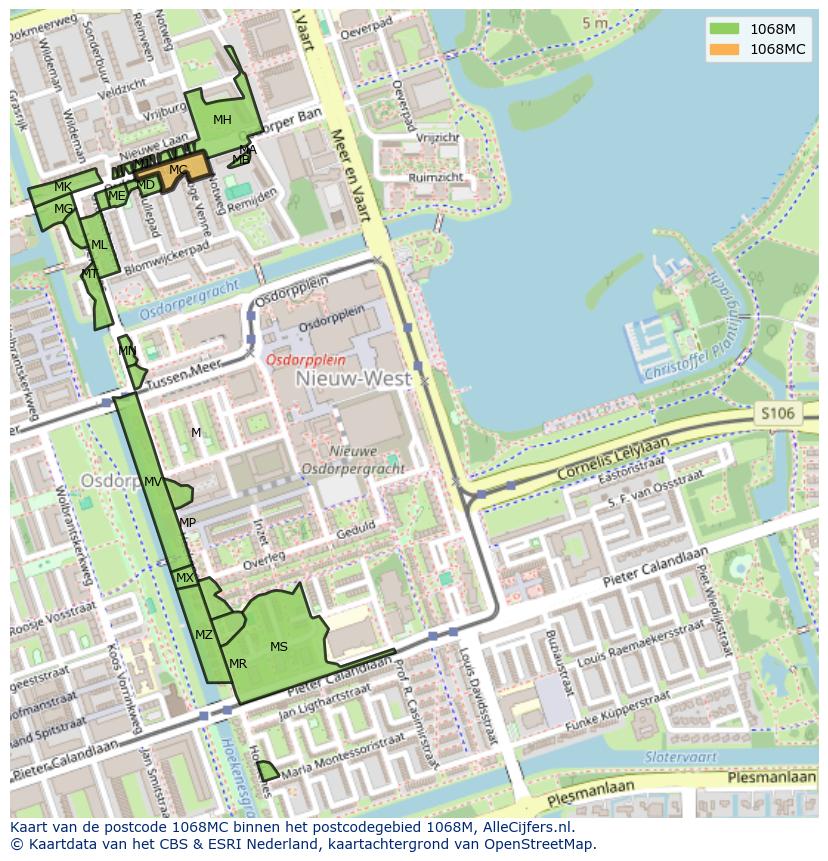 Afbeelding van het postcodegebied 1068 MC op de kaart.