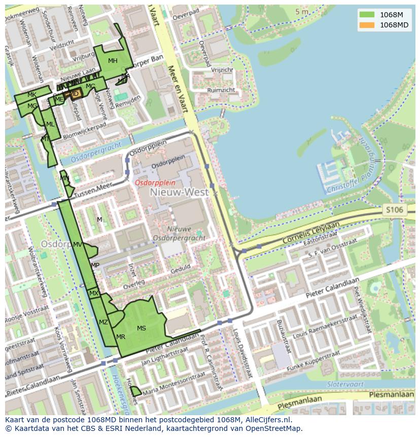 Afbeelding van het postcodegebied 1068 MD op de kaart.