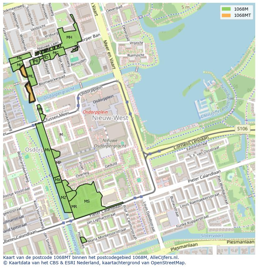 Afbeelding van het postcodegebied 1068 MT op de kaart.