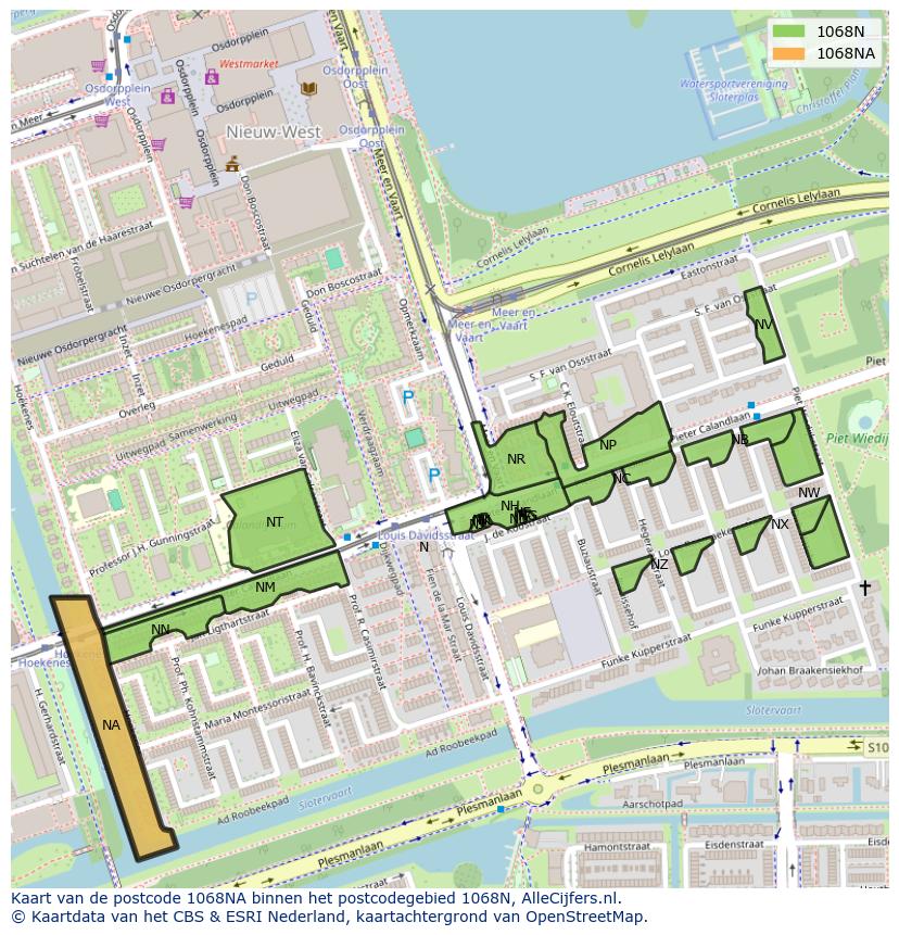 Afbeelding van het postcodegebied 1068 NA op de kaart.