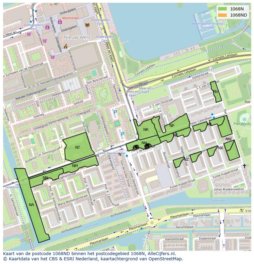 Afbeelding van het postcodegebied 1068 ND op de kaart.