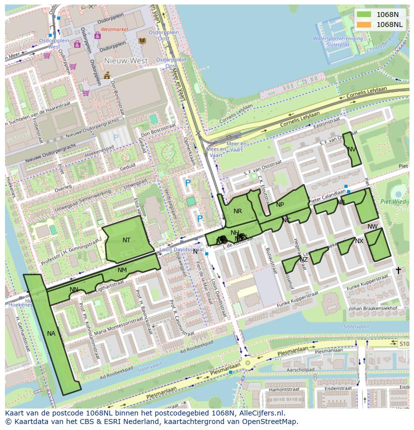 Afbeelding van het postcodegebied 1068 NL op de kaart.