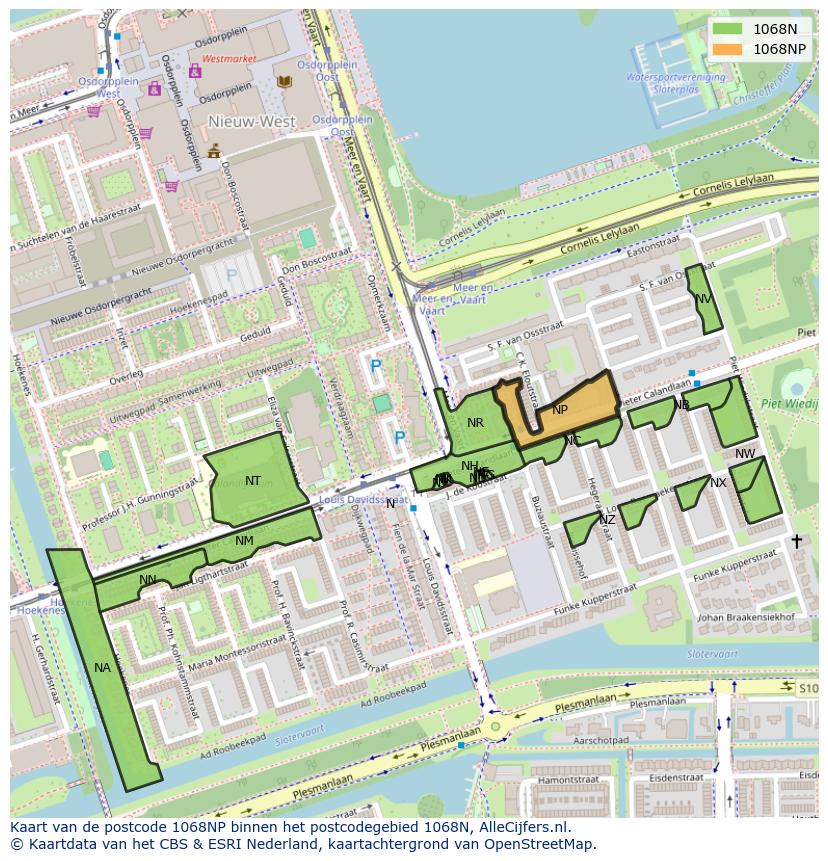 Afbeelding van het postcodegebied 1068 NP op de kaart.
