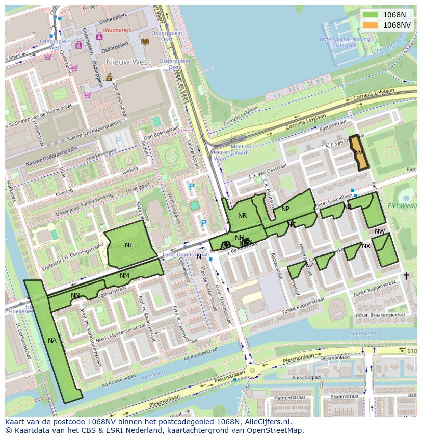 Afbeelding van het postcodegebied 1068 NV op de kaart.
