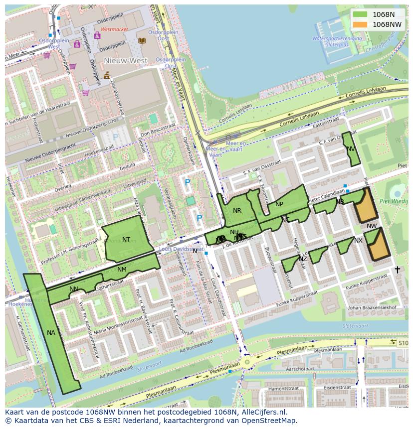 Afbeelding van het postcodegebied 1068 NW op de kaart.