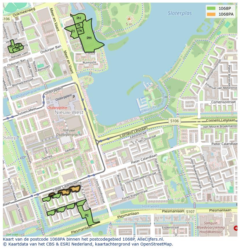 Afbeelding van het postcodegebied 1068 PA op de kaart.