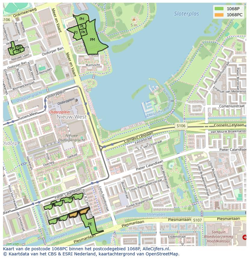 Afbeelding van het postcodegebied 1068 PC op de kaart.