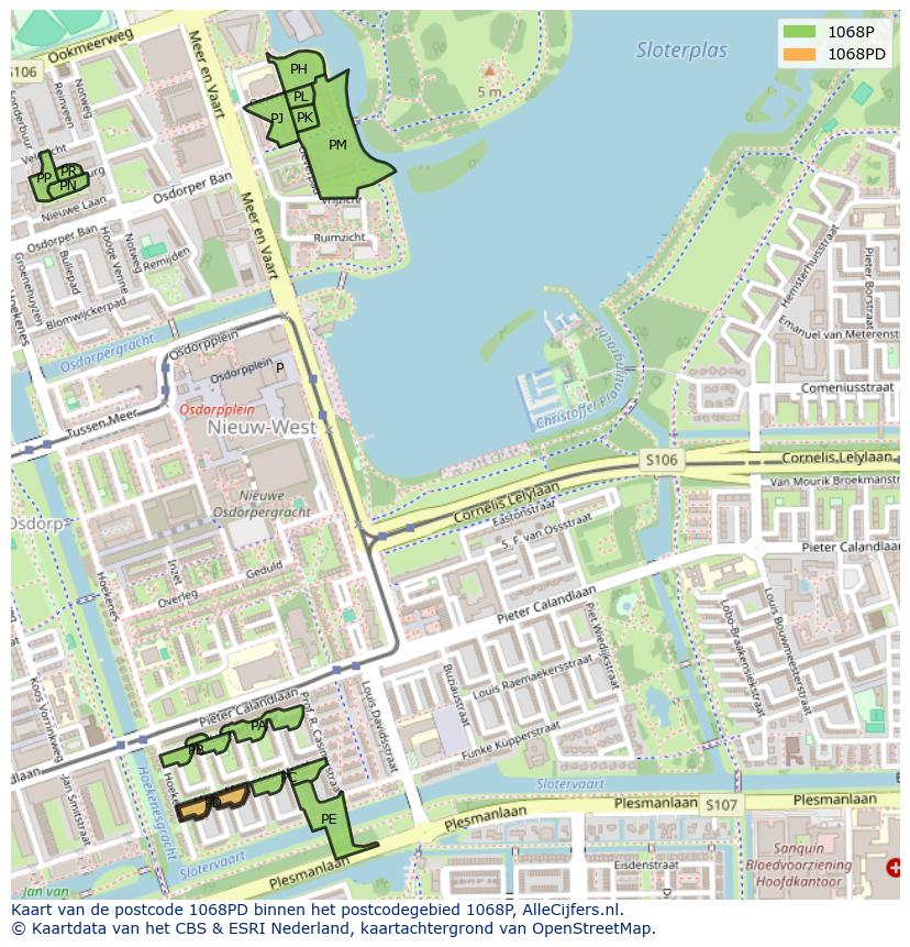 Afbeelding van het postcodegebied 1068 PD op de kaart.