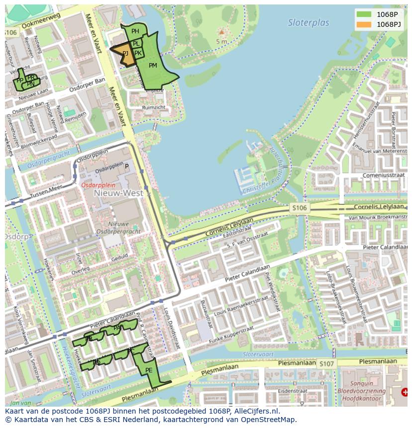 Afbeelding van het postcodegebied 1068 PJ op de kaart.