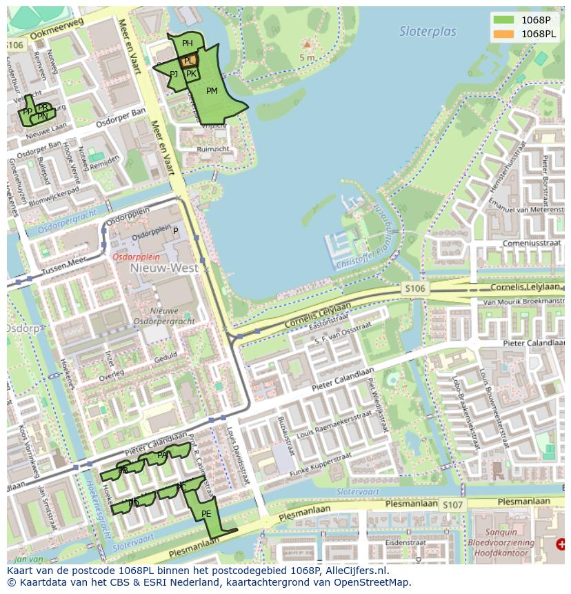 Afbeelding van het postcodegebied 1068 PL op de kaart.