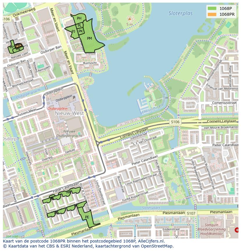Afbeelding van het postcodegebied 1068 PR op de kaart.