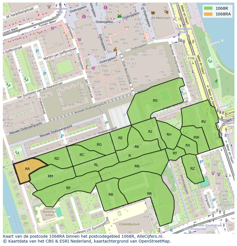 Afbeelding van het postcodegebied 1068 RA op de kaart.