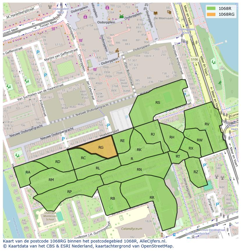 Afbeelding van het postcodegebied 1068 RG op de kaart.