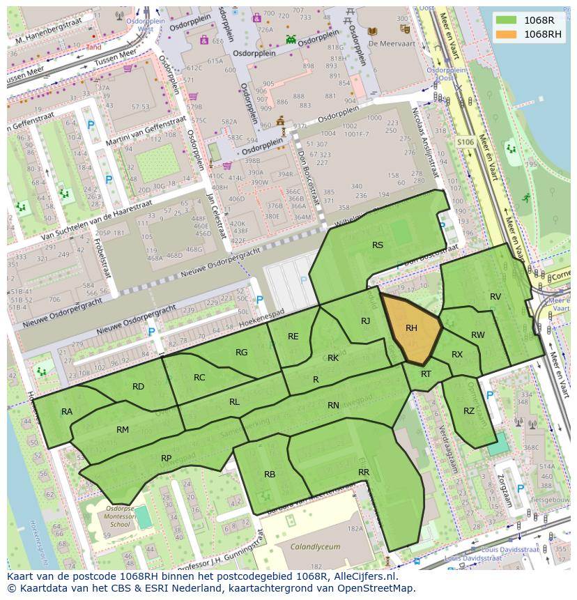 Afbeelding van het postcodegebied 1068 RH op de kaart.