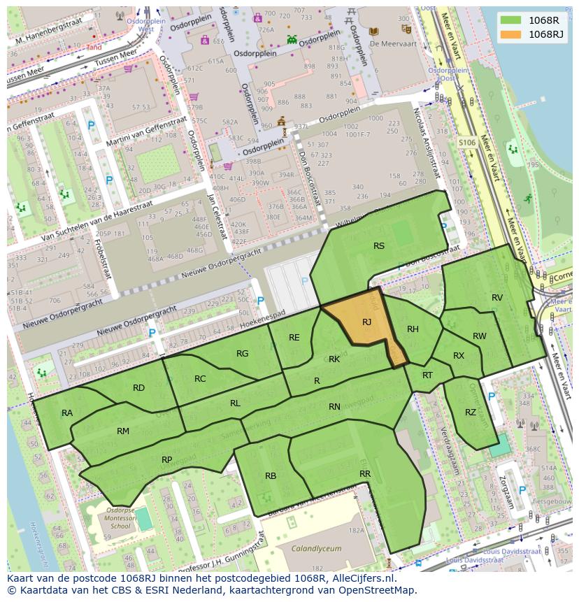 Afbeelding van het postcodegebied 1068 RJ op de kaart.