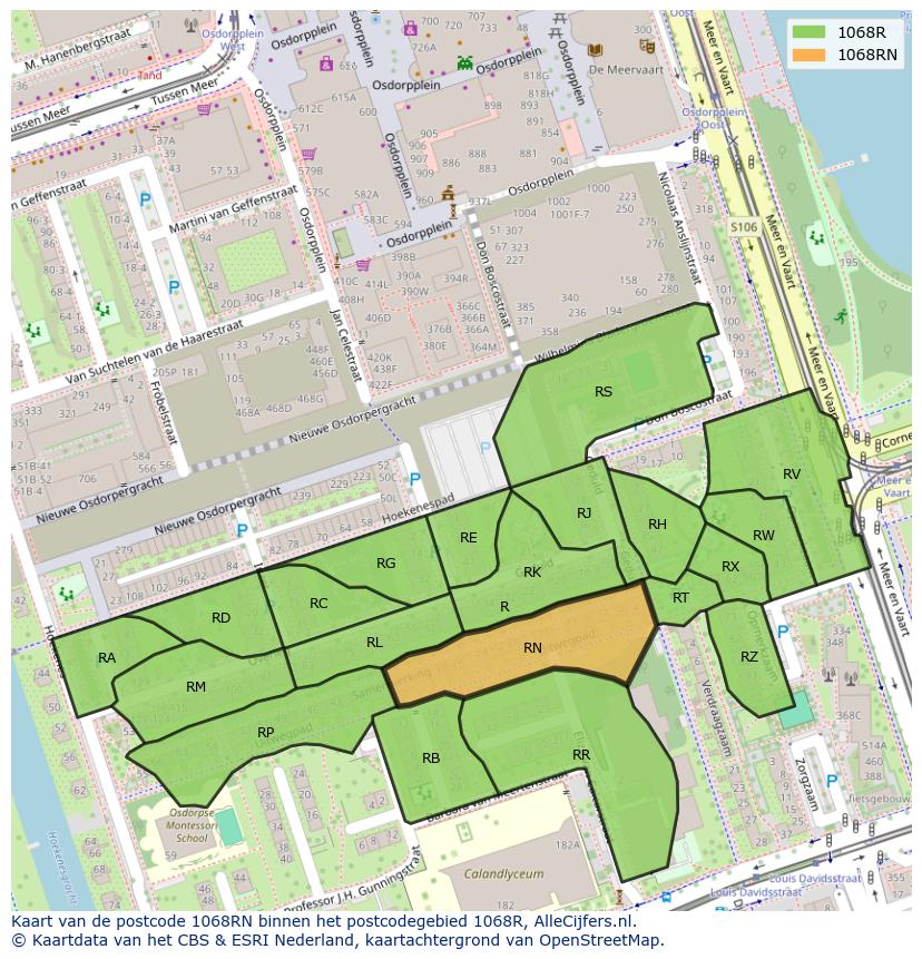 Afbeelding van het postcodegebied 1068 RN op de kaart.
