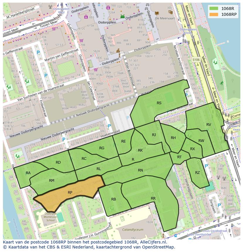 Afbeelding van het postcodegebied 1068 RP op de kaart.
