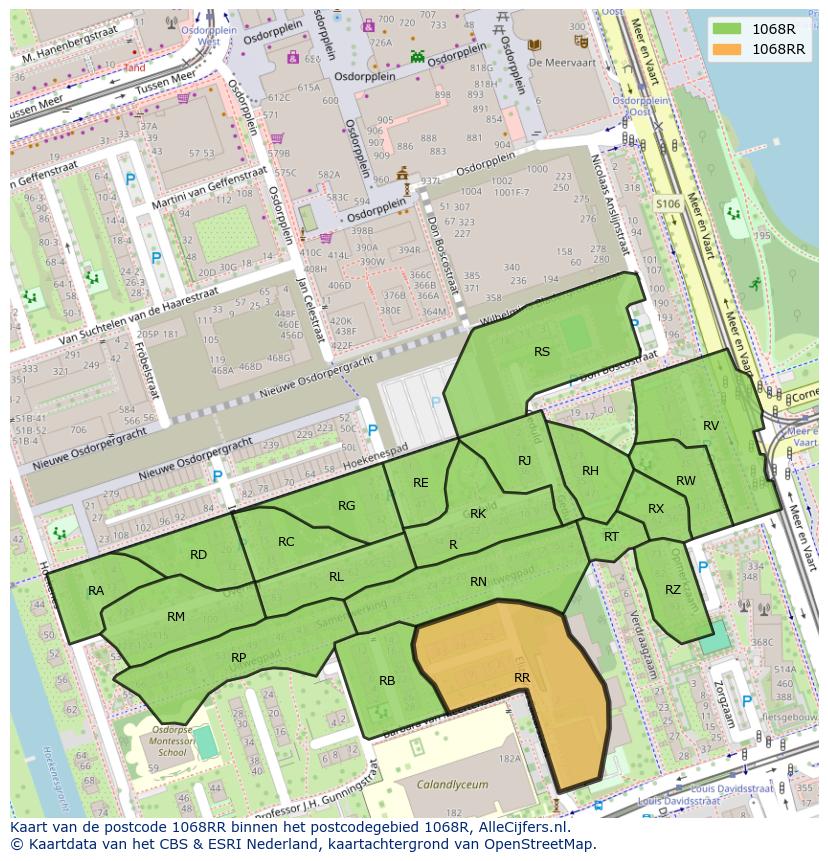 Afbeelding van het postcodegebied 1068 RR op de kaart.