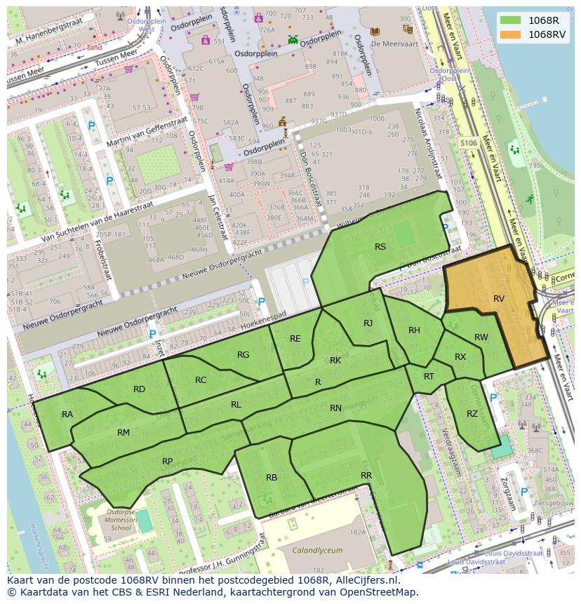 Afbeelding van het postcodegebied 1068 RV op de kaart.