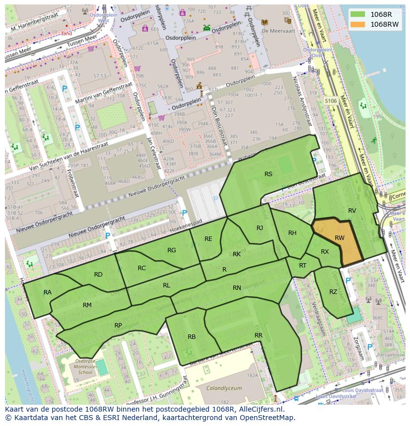 Afbeelding van het postcodegebied 1068 RW op de kaart.