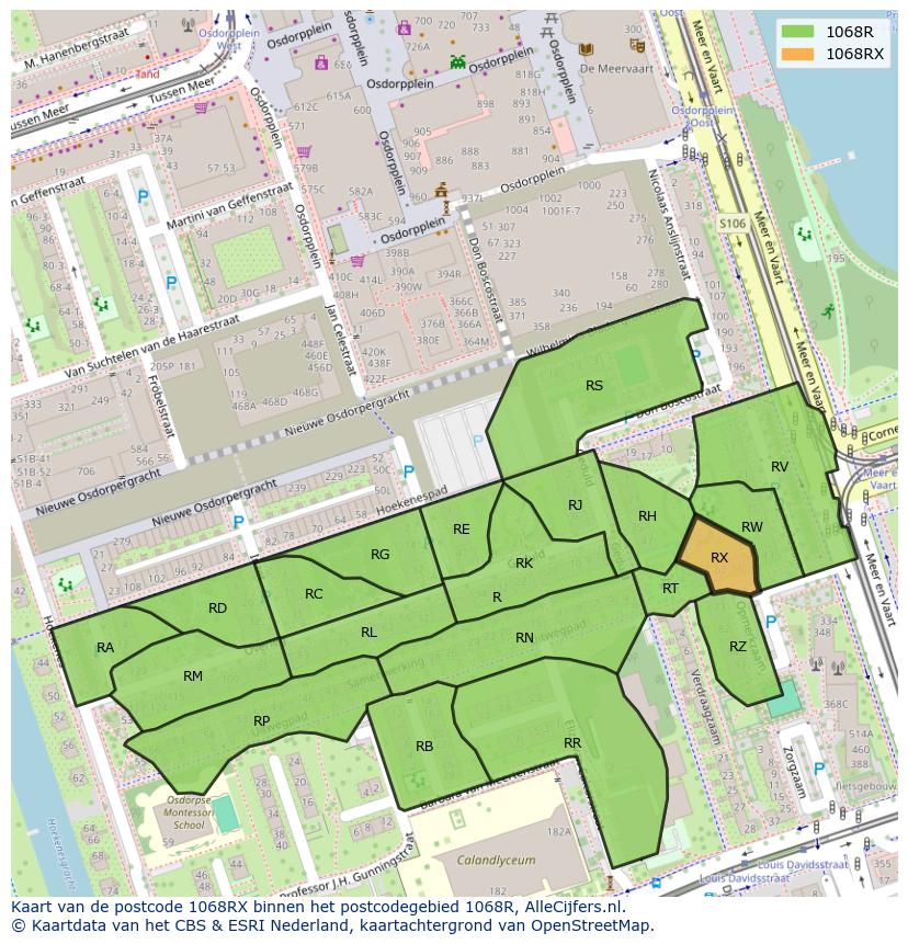 Afbeelding van het postcodegebied 1068 RX op de kaart.