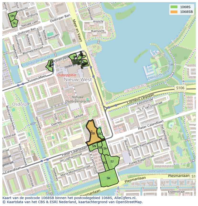 Afbeelding van het postcodegebied 1068 SB op de kaart.