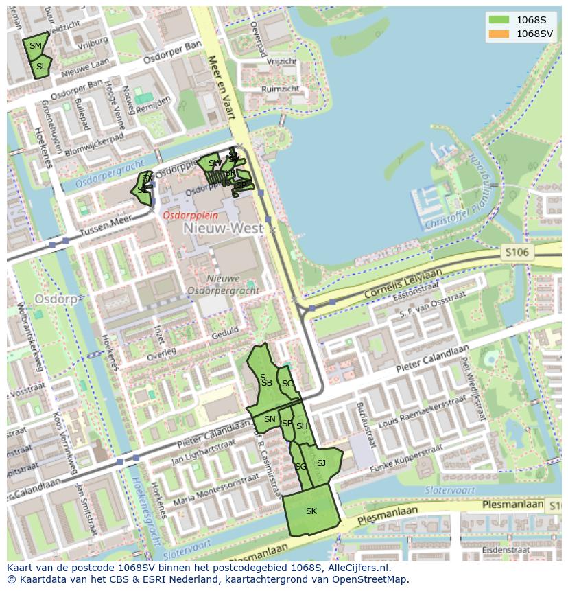 Afbeelding van het postcodegebied 1068 SV op de kaart.
