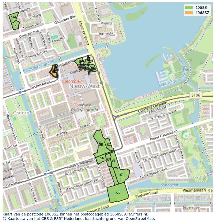 Afbeelding van het postcodegebied 1068 SZ op de kaart.