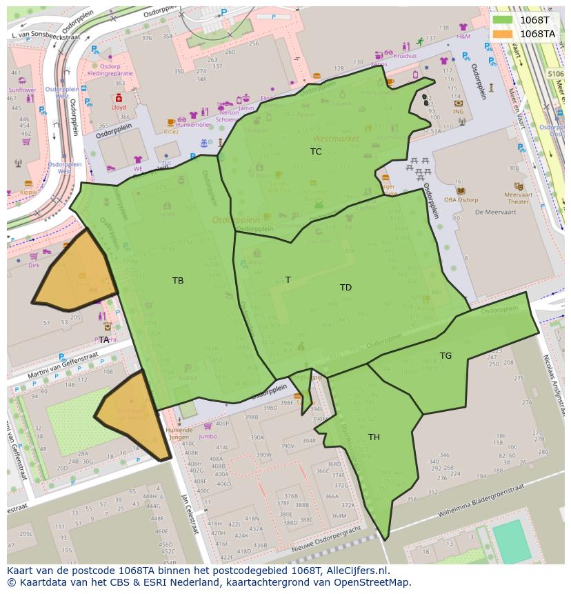 Afbeelding van het postcodegebied 1068 TA op de kaart.