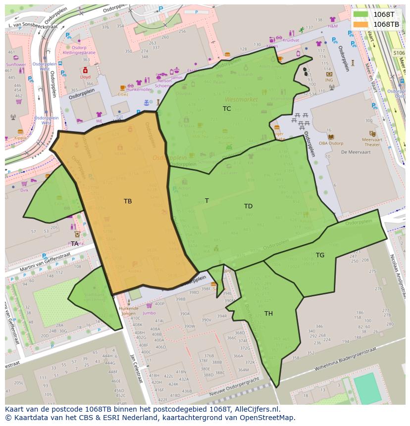 Afbeelding van het postcodegebied 1068 TB op de kaart.