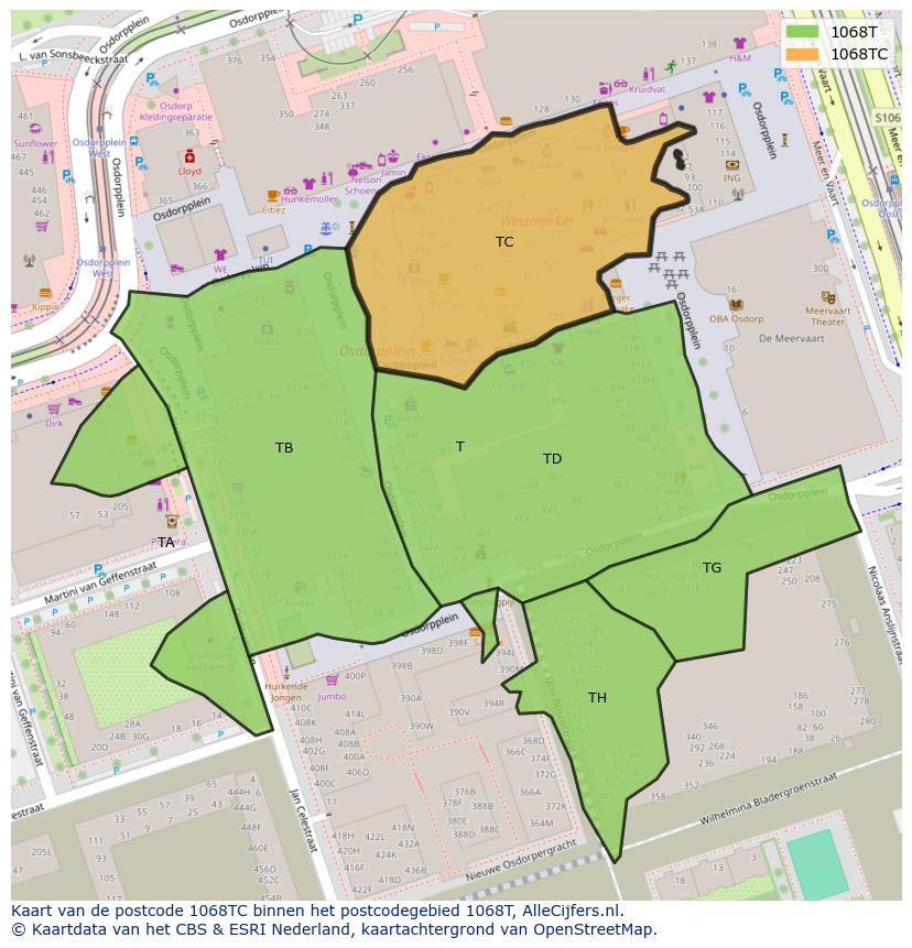 Afbeelding van het postcodegebied 1068 TC op de kaart.