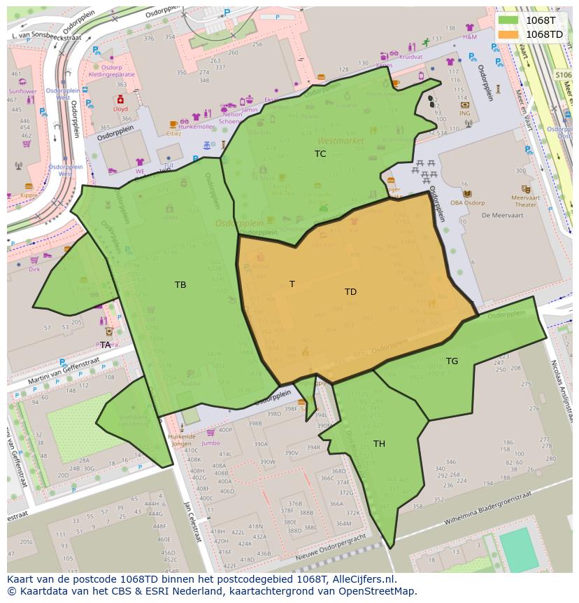 Afbeelding van het postcodegebied 1068 TD op de kaart.