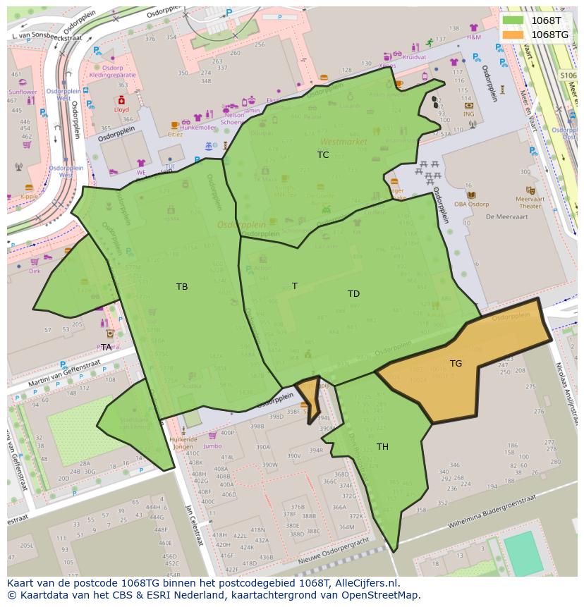 Afbeelding van het postcodegebied 1068 TG op de kaart.