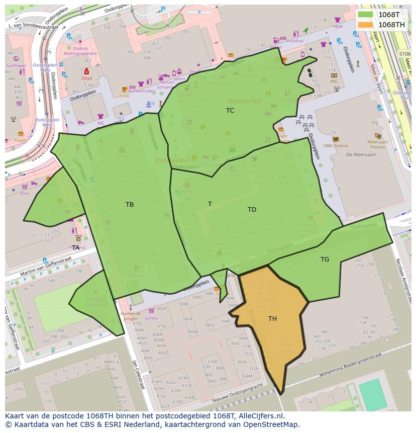 Afbeelding van het postcodegebied 1068 TH op de kaart.