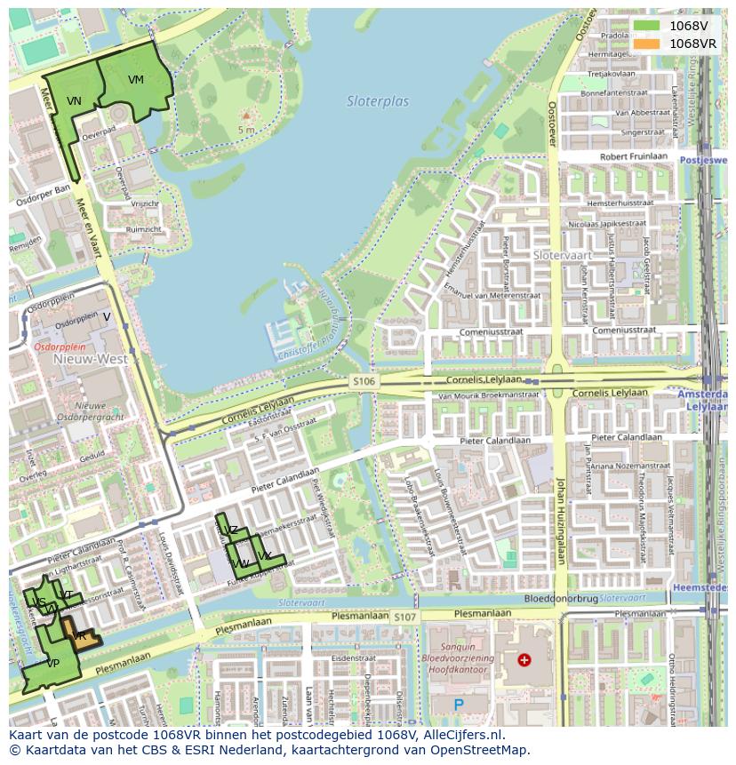 Afbeelding van het postcodegebied 1068 VR op de kaart.