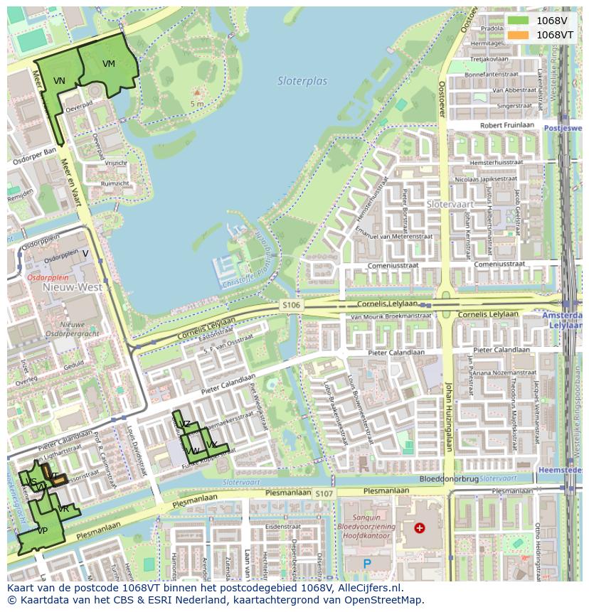Afbeelding van het postcodegebied 1068 VT op de kaart.