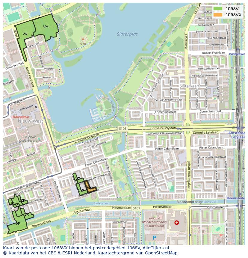 Afbeelding van het postcodegebied 1068 VX op de kaart.