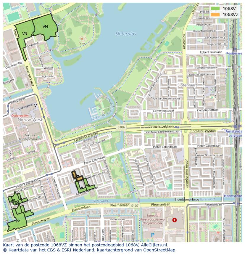 Afbeelding van het postcodegebied 1068 VZ op de kaart.