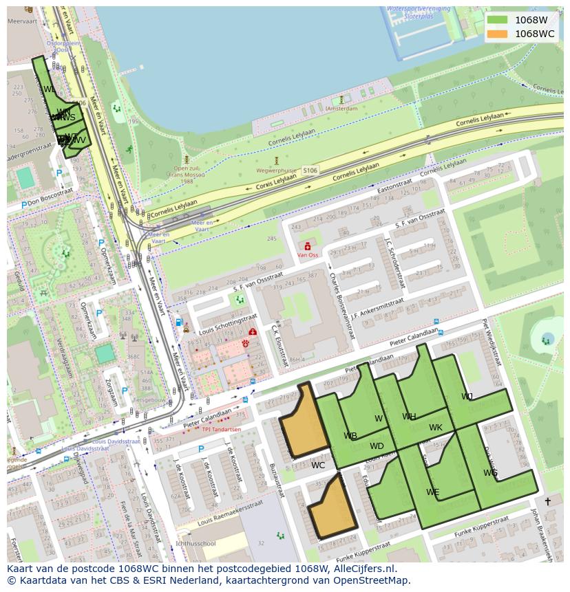Afbeelding van het postcodegebied 1068 WC op de kaart.