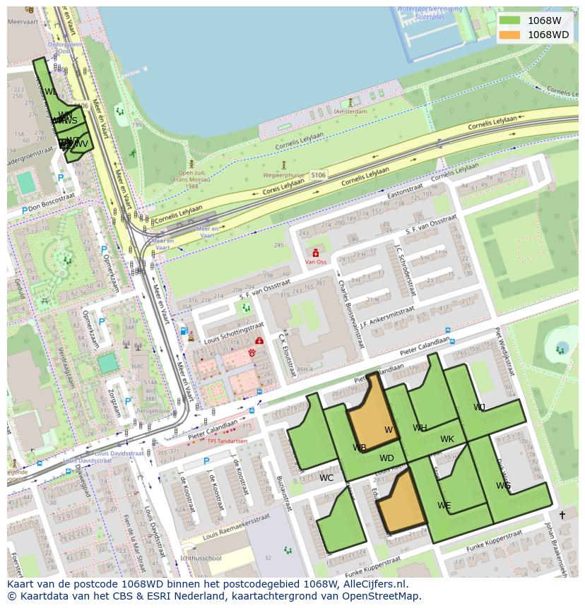 Afbeelding van het postcodegebied 1068 WD op de kaart.