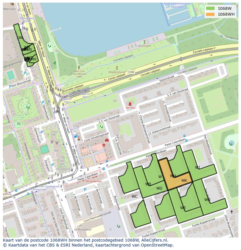 Afbeelding van het postcodegebied 1068 WH op de kaart.