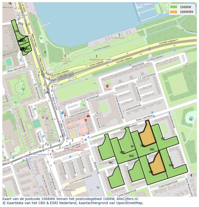 Afbeelding van het postcodegebied 1068 WK op de kaart.