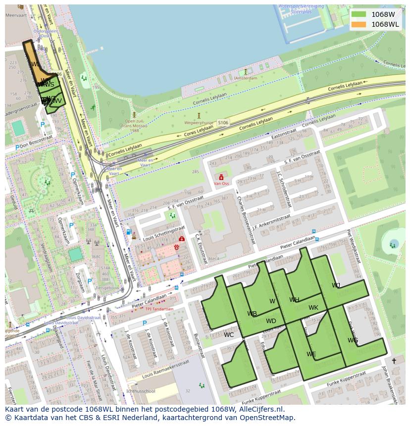 Afbeelding van het postcodegebied 1068 WL op de kaart.