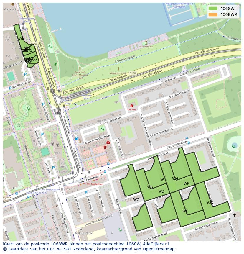 Afbeelding van het postcodegebied 1068 WR op de kaart.