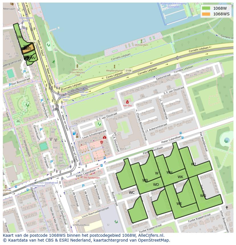 Afbeelding van het postcodegebied 1068 WS op de kaart.