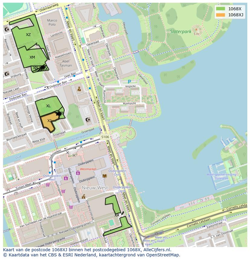 Afbeelding van het postcodegebied 1068 XJ op de kaart.